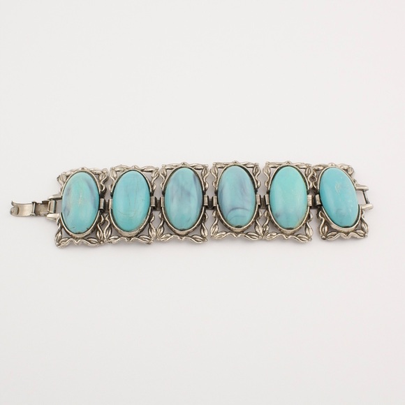 Vintage Karu Arke Faux Turquoise Panel Bracelet Silver Tone Mid-Century Bohemian - Picture 4 of 7